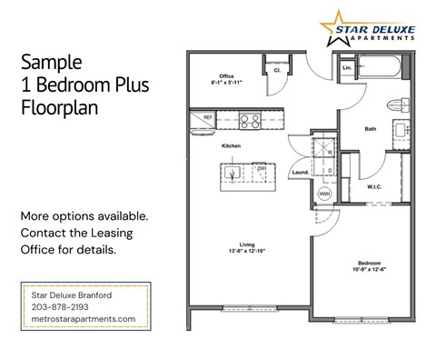 A floor plan for a 1 Bedroom Plus apartment from Star Deluxe Apartments.